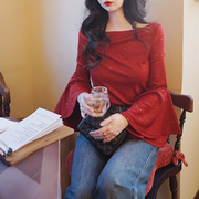 2024新年春节大红色法式亮片女设计感修身显瘦长袖，喇叭袖打底衫t