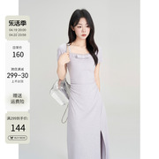 一颗小野莓2024夏季韩版法式方领长裙子纯欲收腰显瘦短袖连衣裙女