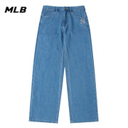 MLB 浅蓝色牛仔裤复古休闲长裤男春季运动裤宽松直筒裤子