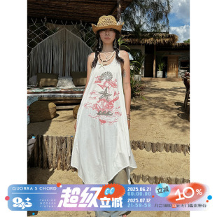 QSC原创贝壳海浪海星与人鱼准棉透气飘逸工字背心不规则连衣裙