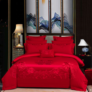 结婚庆床上四件套全棉大红色纯棉刺绣被罩床单式婚房喜庆4件床品
