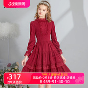 艾丽丝新年战袍宫廷风红色连衣裙2023冬季长袖气质中长款裙子