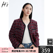 hs奥莱格纹小香风外套，秋季女装截短箱型，粗花呢绵羊毛圆领上衣