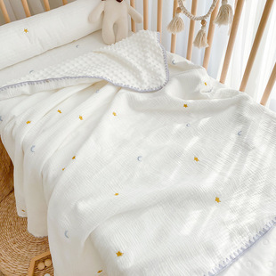 婴儿毛毯盖毯抱被纯棉纱布安抚毯刺绣空调毛巾被小毯子四季可用