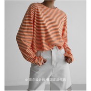 papermoon韩国2023年春女装圆领，宽松短款长袖条纹，t恤棉上衣