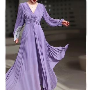 reve高定莫奈的蝴蝶浅紫色，手风琴褶皱珍珠雪纺，ast压褶连衣裙