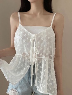 韩国chic夏季减龄气质设计感雪纺纯色小花朵，叠穿网纱系带吊带上衣
