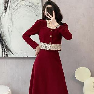 红色小香风两件套装女裙，法式复古风2024春秋季名媛气质洋气连衣裙