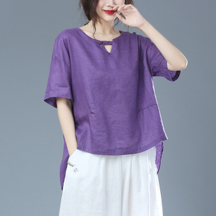 棉麻上衣女2020年夏装前短后长紫色宽松V领短袖T恤女亚麻半袖