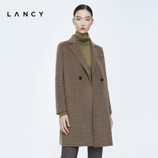 lancy朗姿秋冬季宽松气质，羊毛大衣中长款羊绒，复古格纹外套女
