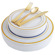 一次性金色玫瑰金西餐餐具叉勺盘子125个聚会西餐礼仪招待