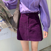 srom复古a字灯芯绒紫色，半身裙秋季百搭腰小个子短裙