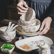 招财猫碗碟套装家用饭碗陶瓷碗单个汤碗盘子鱼盘可爱日式创意餐具