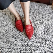 德国采购Marsell红色软牛皮编织女中口尖头平底鞋镂空乐福鞋