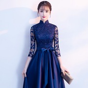 晚礼服女2023夏季宴会端庄优雅蓝色七分袖中式长款年会连衣裙