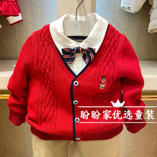 春款男童针织衫 婴童假两件套头毛衣红色带领结T0KW211101A
