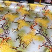 19姆米真丝缎服装面料，喷绘黄色树枝，图印花桑蚕丝弹力丝绸布料