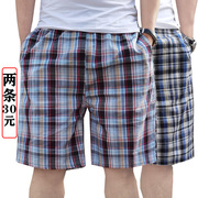 夏季纯棉沙滩裤男宽松休闲五分裤大码居家睡裤，薄格子短裤外穿裤衩