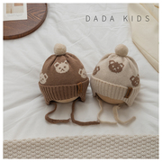 儿童针织帽秋冬季可爱印花小熊护耳，帽韩国婴儿，宝宝保暖毛球毛线帽
