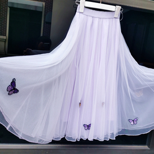 淡紫色网纱半身裙高级感丁香紫，白色显瘦超仙纱裙蝴蝶绣花绝美裙子