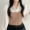 韩国chic春季泡泡袖长袖polo领针织，拼接衬衫设计感撞色假两件上衣