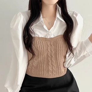 韩国chic春季泡泡袖长袖polo领针织拼接衬衫设计感撞色假两件上衣