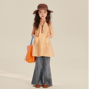 2024夏装女童橘色条纹长版上衣设计感背心裙中大童复古牛仔喇叭裤