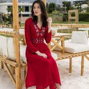 波西米亚连衣裙民族风刺绣长裙，度假裙红色沙滩，裙衣成森林f255单件