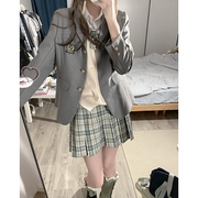东京岁时记jk春秋学院风，休闲女式外套灰色，徽章西装外套西禾私立