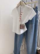 原创假两件白色短袖，t恤女韩系夏季修身短款正肩小上衣