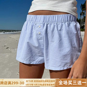 darlingaga简约蓝色条纹休闲短裤，女宽松显瘦沙滩裤，运动居家阔腿裤