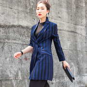 2024春蓝色条纹中长款西装外套收腰显瘦修身韩版休闲气质西服