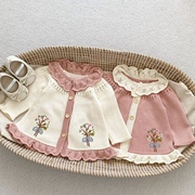 韩版女童毛衣外套宝宝公主纯棉，绣花开衫婴幼儿，花边领棉纱线针织衫
