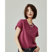 韩版时髦经典款紫色T恤女装2024春夏圆领字母拼接上衣ins