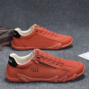 红色帆布鞋男款2024夏季透气侧拉链平板鞋，一脚蹬运动休闲男鞋