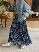 法式复古蓝色碎花半身裙女春秋新款高腰a字中长款气质高级感半裙