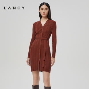 lancy朗姿羊毛针织开衫，2022秋季长袖，中长款女通勤毛衣外套