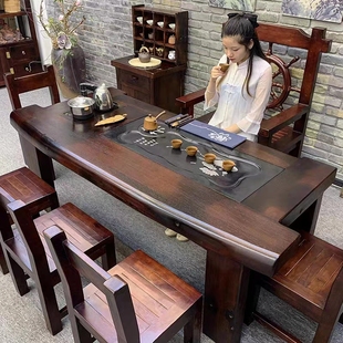 老船木茶桌椅组合中式实木，茶几泡茶台弧形石茶盘，电磁炉茶具一体桌