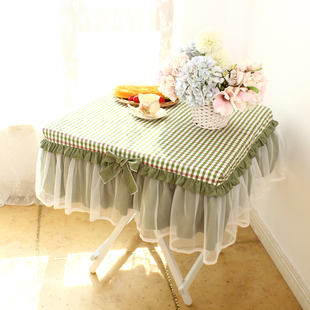 芥末绿格子蕾丝田园布艺纯棉，方桌布(方桌布)餐桌布，台布床头柜罩茶几罩柜罩