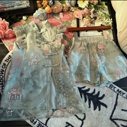 女童新中式国风旗袍套装盘扣上衣时尚短裤两件套重工汉服裙子