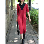 端庄大气红色连衣裙女秋季高级感时尚拼接气质显瘦中长款裙子