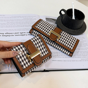 千鸟格小钱包女短款小众设计韩版多卡位搭扣折叠长款手拿零钱包潮