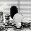 轻奢银边黑色陶瓷餐具简约家用高颜值鱼盘西餐盘，汤碗饭碗套装组合