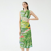 夏季绿色印染连衣裙大码女装褶皱，无袖小v领修身显瘦气质a字长裙