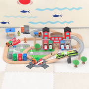 儿童木质小火车轨道套装都市，生活环保认知男女，宝益智拼装玩具