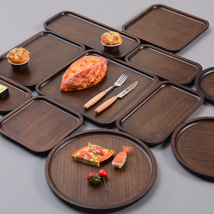 竹托盘胡桃木色茶盘长方形，正方圆型商用家用茶杯，创意竹制水杯盘子