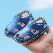 宝宝凉鞋软底0-3夏季男真皮包头学步鞋女童，2岁婴儿沙滩鞋蓝色