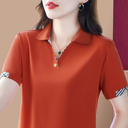 韩国橘红色短袖t恤女夏季2024洋气妈妈时尚宽松优雅显瘦上衣