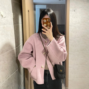 高级感粉色呢子大衣女秋冬装韩版小个子短款毛呢，外套今年流行