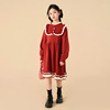 女童连衣裙秋冬季2023红色裙子，中大童娃娃，领毛衣裙儿童公主裙